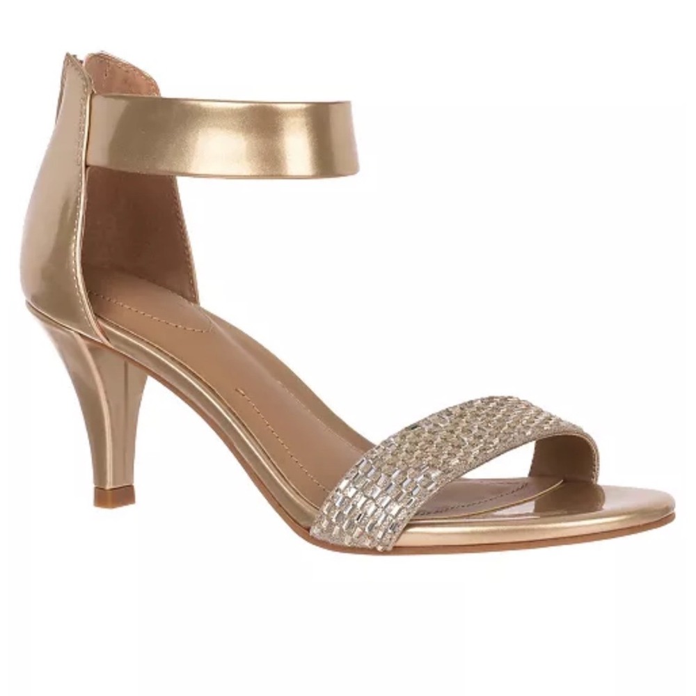 New Style & Co Phillyis Gold Metallic Glitter Ankle Strap Evening Sandals Size